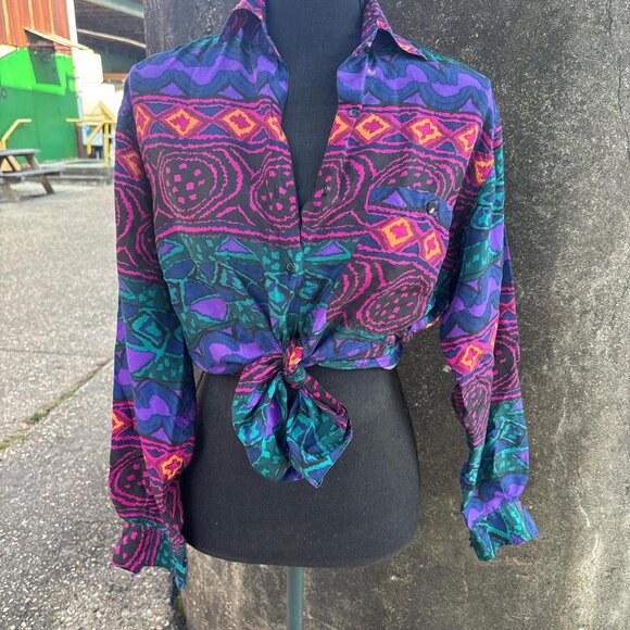 Vintage Silk Long Sleeve Blouse Womens XS Geometric Print 80's Artsy - Picture 3 of 6